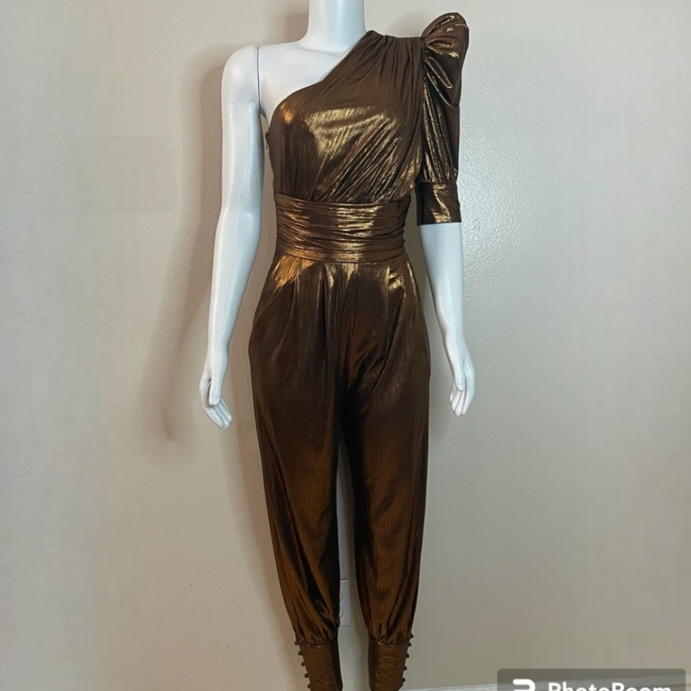 Metallic Bronze Puffy One Shoulder Romper - Unique, Pageant, Club, Fashion
